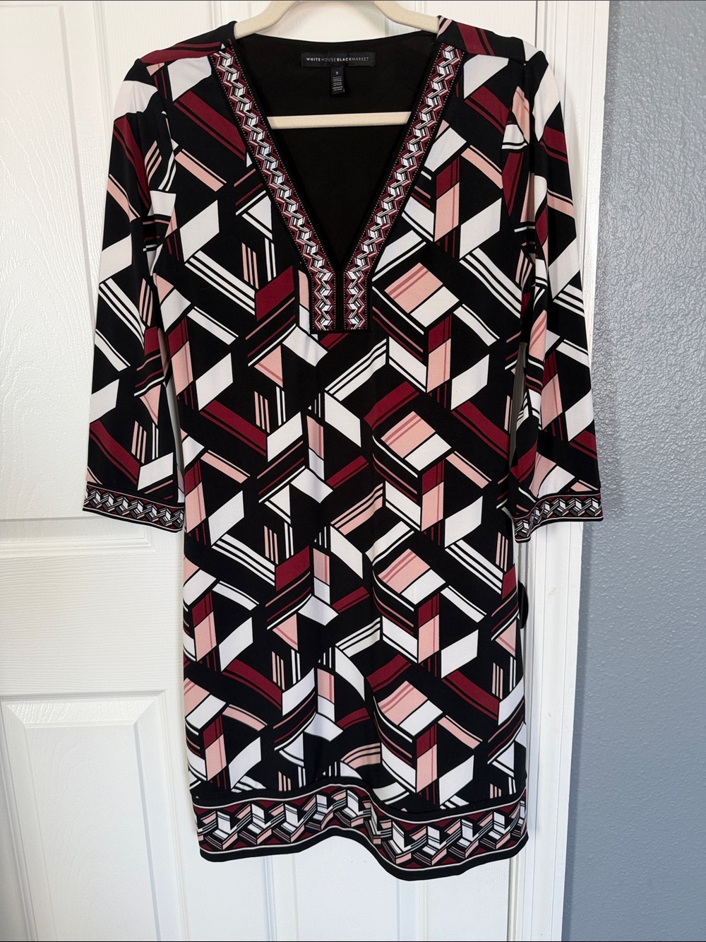White House Black Market Black, Pink & White Geometric V-Neck Midi Dress